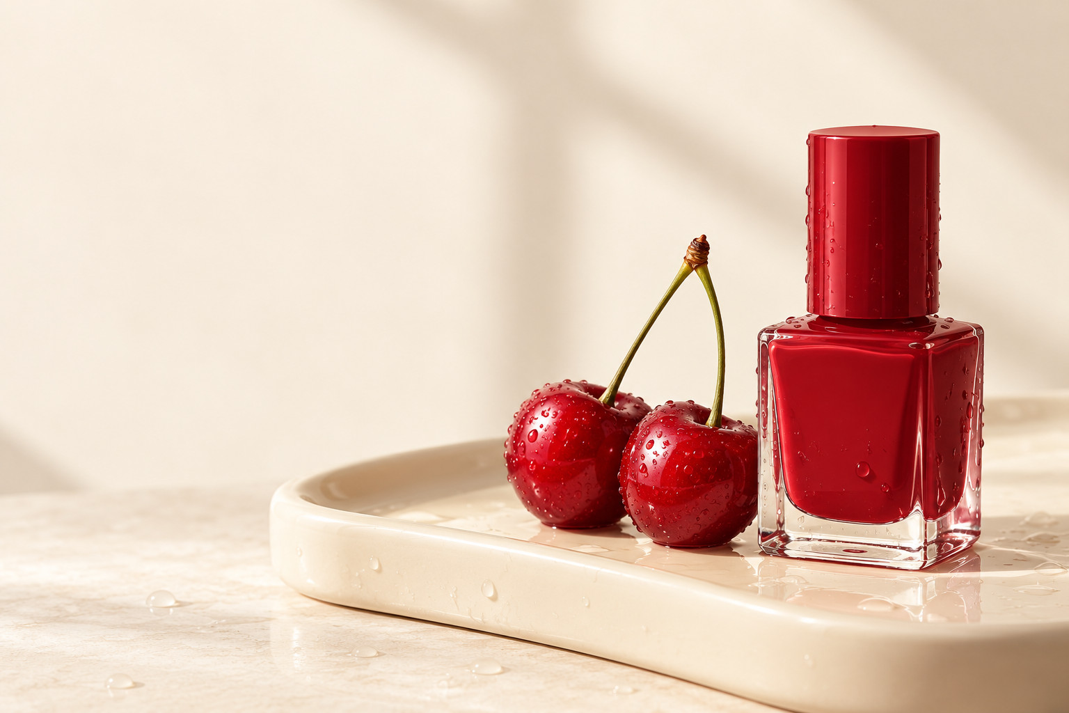 Illustrative still life: cherry-red nail polish bottle with fresh cherries on a cream tray