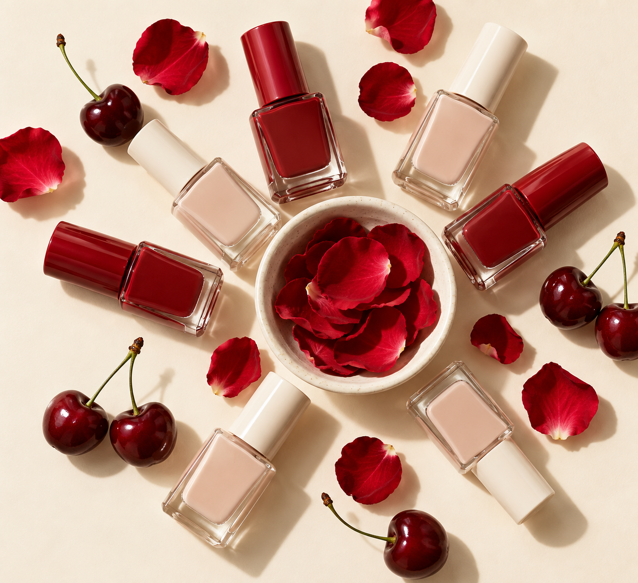 Illustrative flat lay: cherry-red and nude polish bottles around rose petals
